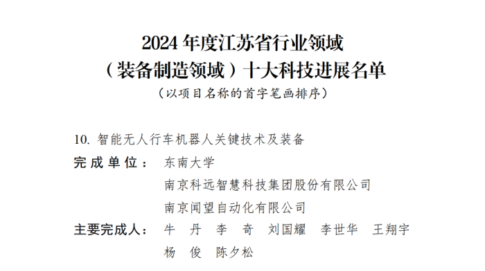 喜报！点点官网首页无人行车技术成果入选2024年度江苏省行业领域十大科技进展